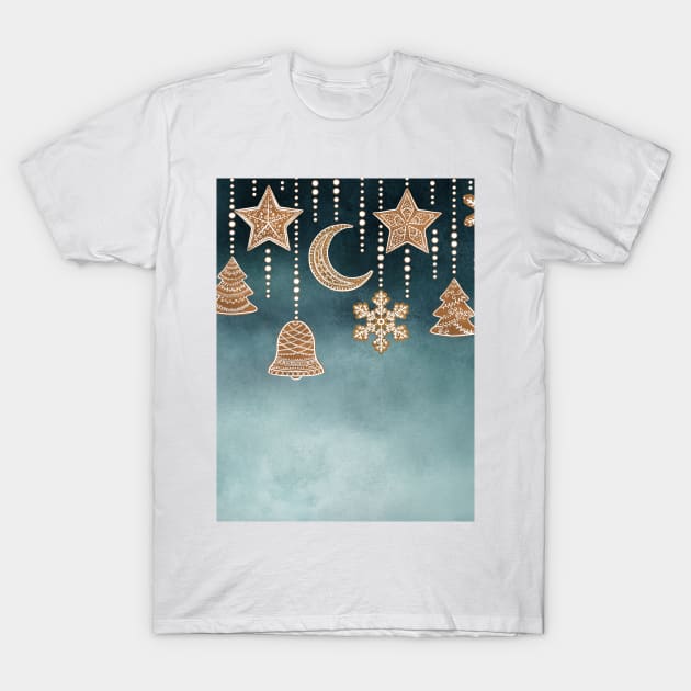 Gingerbread Christmas decorations seamless border. Ornate cookies star, moon, bell, snowflakes, Christmas tree watercolor illustration, Sweet winter décor T-Shirt by likapix